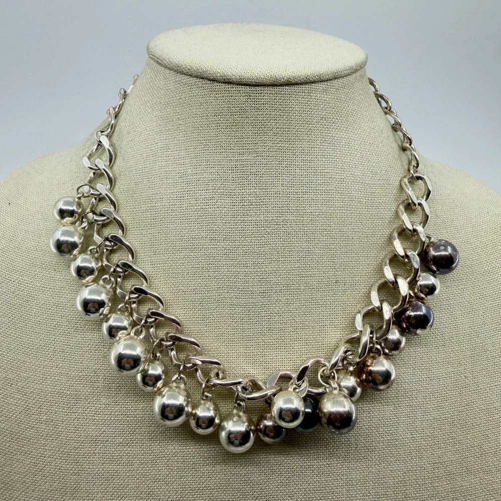 Silver Tone Ball Charm Fringe Chain Necklace Chunky Y2K Statement Jewelry Gift